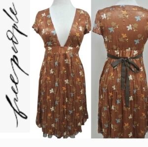 Free People Rust Brown Floral Silk Deep V Empire Dress Sz.12